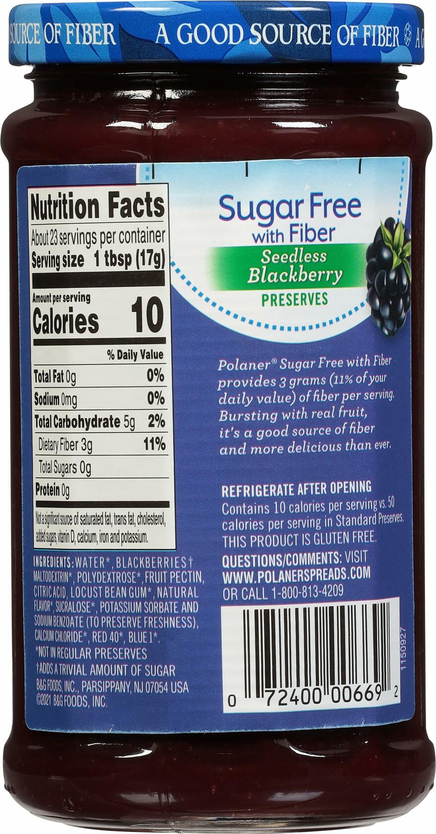 Polaner Sugar Free with Fiber Seedless Blackberry Preserves, Kosher, 13.5 oz Jar - Polaner