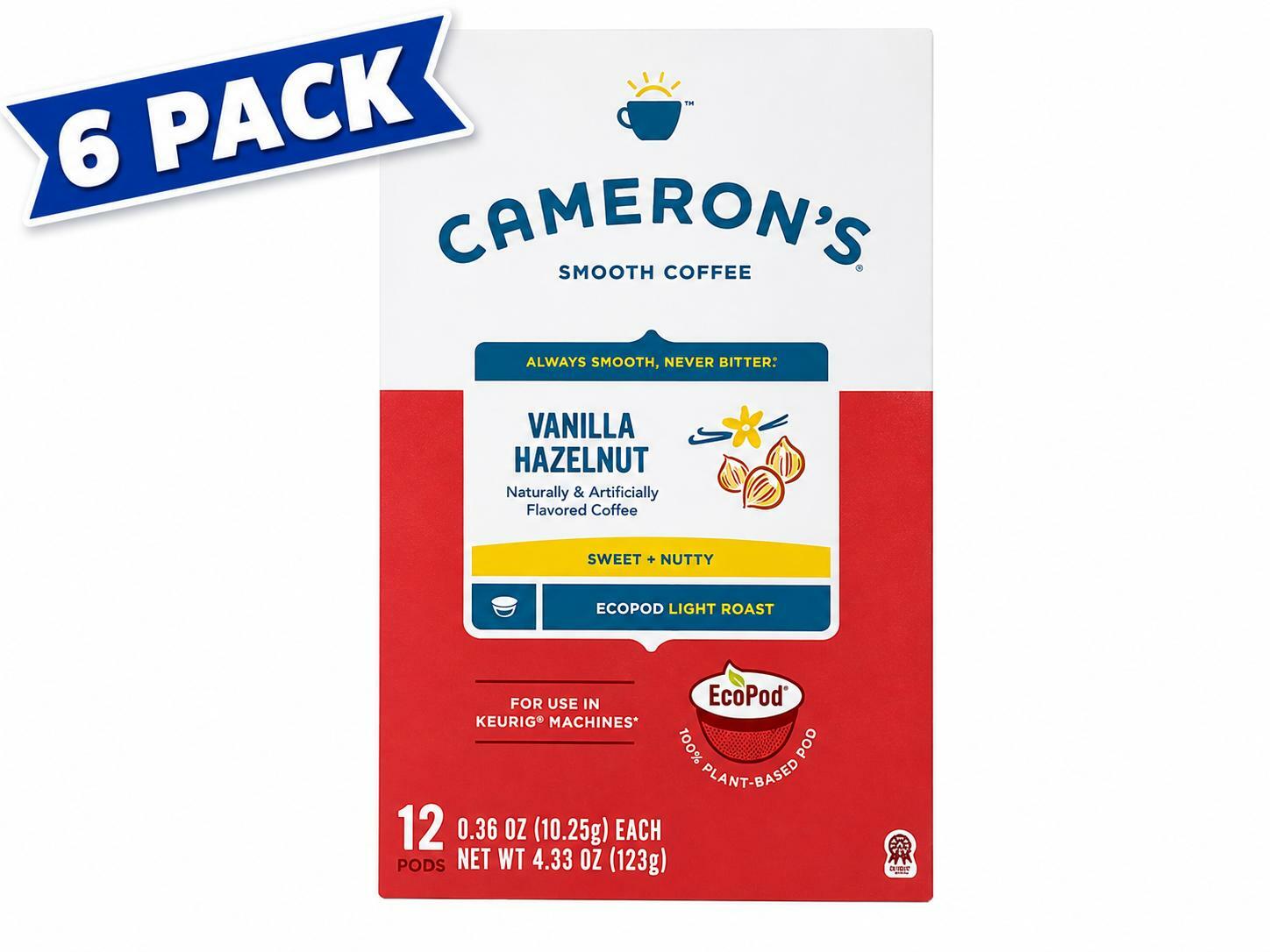 Cameron's Vanilla Hazelnut Coffee Pods 12 Count Boxes 6 Pack 72 Total