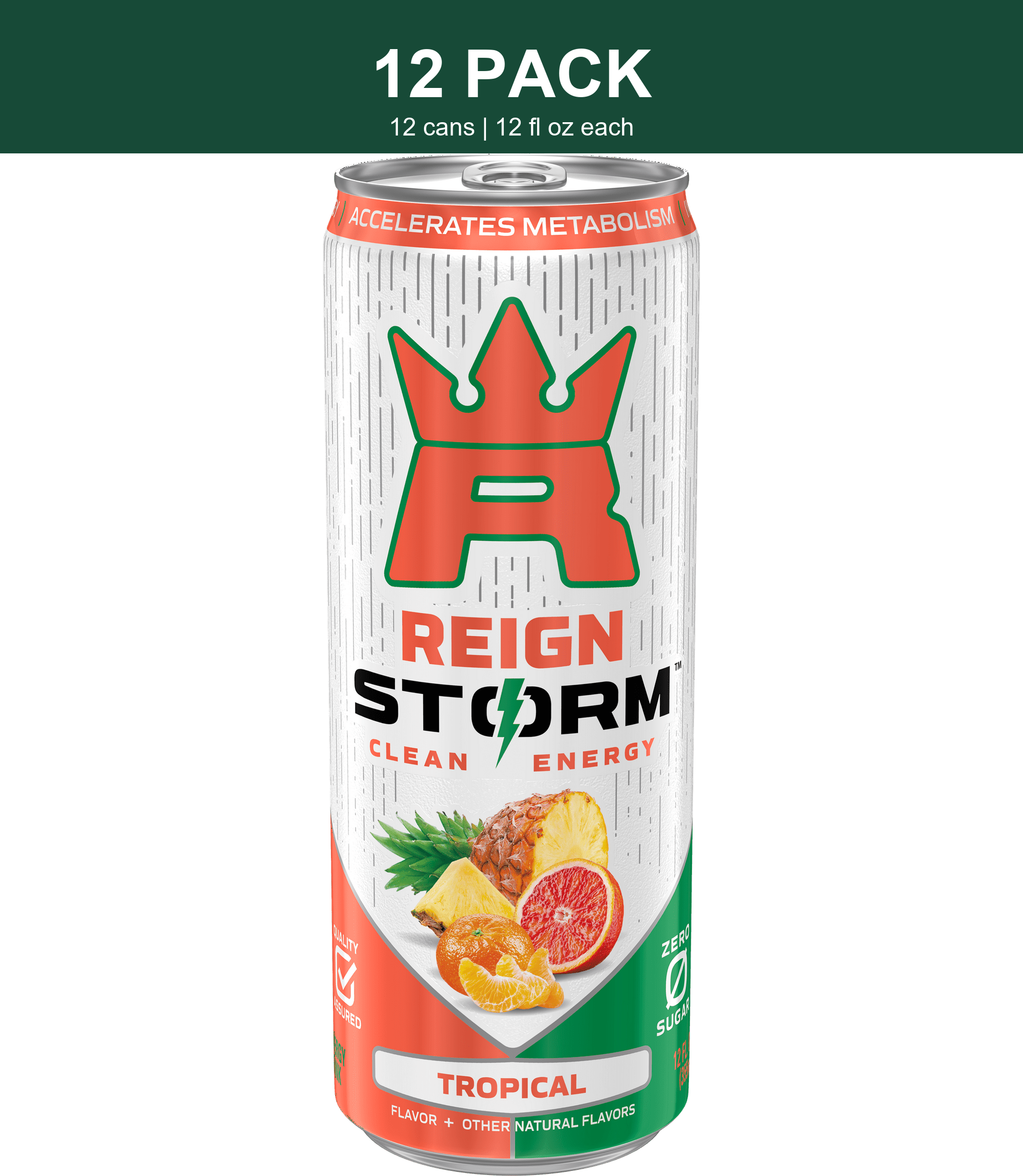 REIGN Storm Tropical Zero Sugar Energy Drink, 12 fl oz Cans, 12 Pack - REIGN